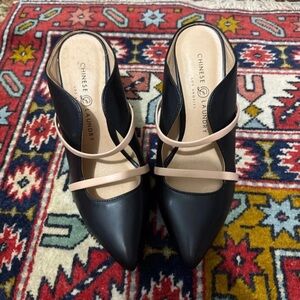 Chinese Laundry Black Pointed Mary Jane Mules with Nude Straps